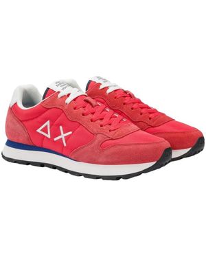 Sun 68 Rote Wildleder-Sneakers Mit Doppelten Weißen Schnürsenkeln