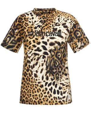 Roberto Cavalli Tops ,Bruin ,Katoen Katoenen T-Shirt Met Luipaardprint - Naturel