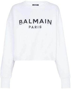 Balmain Hoodies & Sweatvesten ,Wit ,Katoen Witte Logo Print Crew Neck Sweater