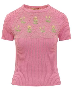 Cormio Bloemen Geborduurd Crew Neck T-Shirt - Roze