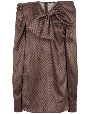 Balmain Kurzes kleid mit großer schleife und mini-monogramm-print - Braun