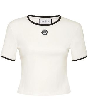 Philipp Plein Tops ,Katoen T-Shirt Ronde Hals Ss Rib - Naturel