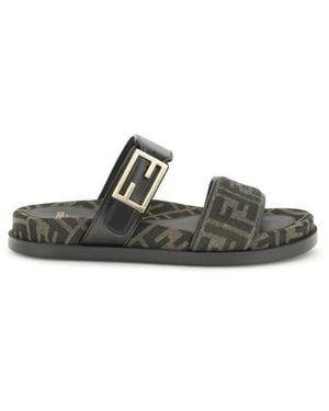 Fendi Schoenen ,Grijs ,Jacquard Fabric Sandaal Met Baguette Gesp - Groen