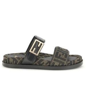 Fendi Schoenen ,Grijs ,Jacquard Fabric Sandaal Met Baguette Gesp - Groen