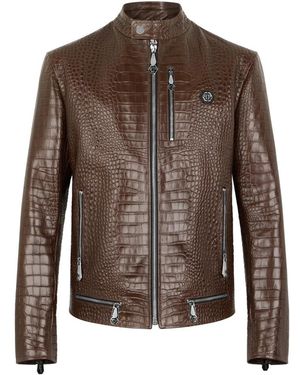 Philipp Plein Jassen ,Bruin ,Leer Leather Moto Jacket Cocco