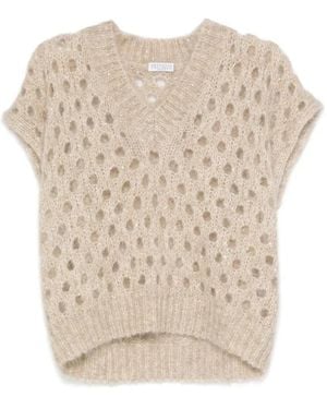 Brunello Cucinelli Beiger Ärmelloser Strickpullover Mit V-Ausschnitt - Natur