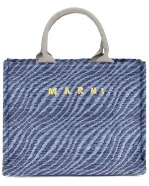 Marni Kleine Tote Bag Met Raffia-Effect Golvend Patroon - Blauw