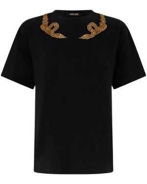 Roberto Cavalli Tops ,Zwart ,Katoen T-Shirt Met Slangenborduursel