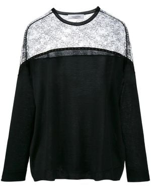 Valentino Hoodies & Sweatvesten ,Zwart ,Wol Zwarte Lichtgewicht Wollen Trui Met Kanten Schouder