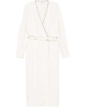 Brunello Cucinelli Weiße Verzierte Wickel Midi Kleid