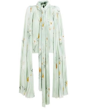 Balenciaga Elegant Floral Pleated Blouse With Padded Shoulders - Green