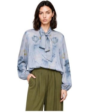 Kocca Transparente Blumenbluse Mit Bindekragen - Blau