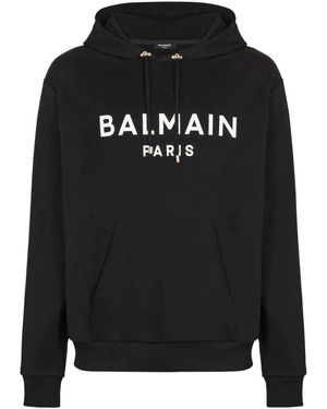 Balmain Hoodies & Sweatvesten ,Zwart ,Katoen Printed Cotton Hoodie