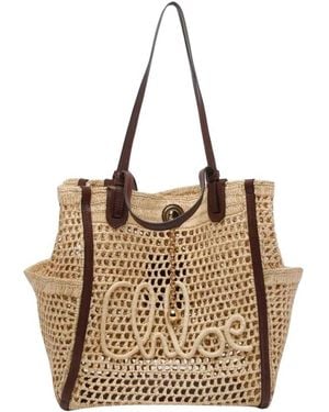 Chloé Tassen ,Bruin ,Leer Woody Raffia Tote Bag - Metallic