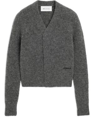 Ami Paris Truien & Vesten ,Grijs ,Wol Wollen Vest Van Alpaca Met Borduursel