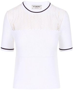 Iceberg Truien & Vesten ,Wit ,Katoen Katoenen Sweater Met Ronde Hals, Strepen En Open Bewerking