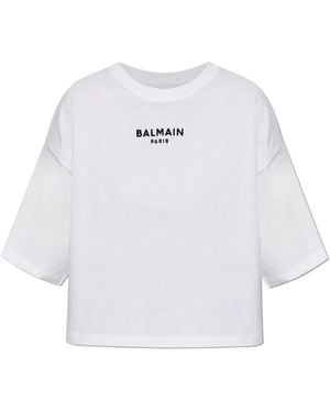 Balmain Tops ,Wit ,Katoen Cropped T-Shirt Met Geborduurd Logo