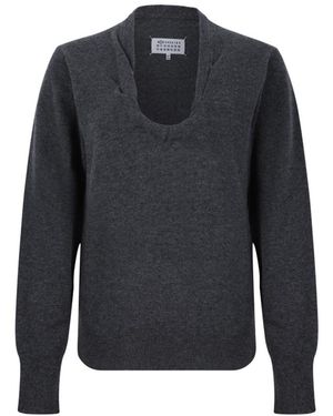 Maison Margiela Anthrazit Woll-Pullover Mit U-Boot-Ausschnitt - Blau