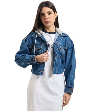 Guess Cropped Denim Jack Met Capuchon - Blauw