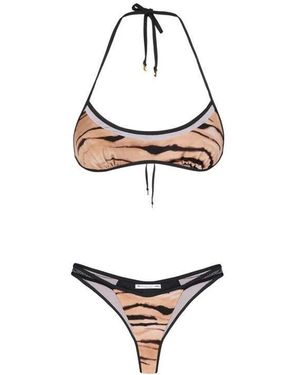 Elisabetta Franchi Badmode ,Bruin ,Tweed Bikini Met Tijgerprint - Wit