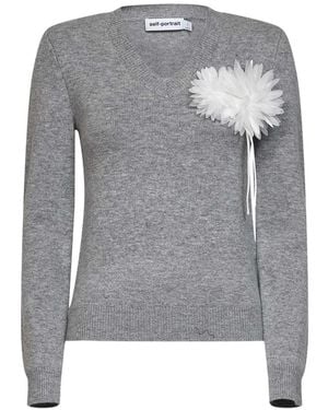 Self-Portrait V-Neck Knitwear - Grigio