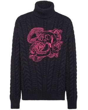 Philipp Plein Wool Comfort Cable Knit Turtleneck Ls Skull - Blau