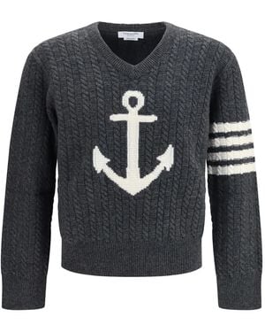 Thom Browne Merino-Wollpullover Mit 4 Bar Und Anker-Motiv - Grau
