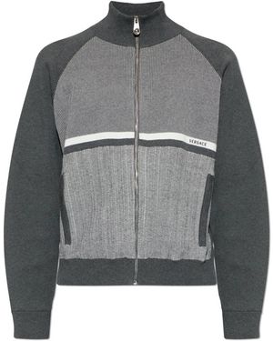 Versace Truien & Vesten ,Grijs ,Katoen Geborduurde Jacquard Gebreide Zip-Trui Van Katoen