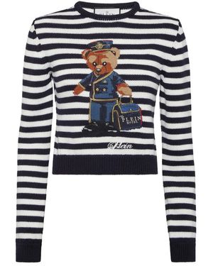 Philipp Plein Gestreifter Rundhalspullover Teddy Doorman - Blau