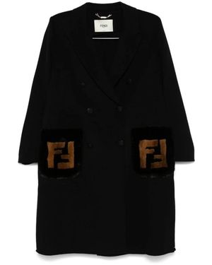 Fendi Gestructureerde Zwarte Jas Ff-Motief Bont