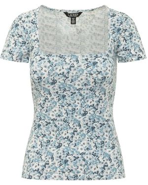 Ralph Lauren Overhemden ,Veelkleurig ,Katoen Floral Cotton Jersey Square-Neck Top - Blauw