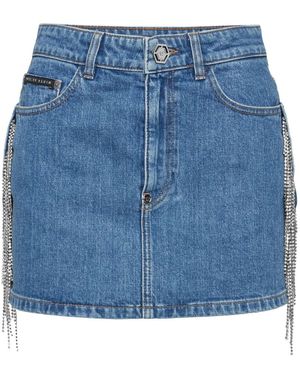 Philipp Plein Denim Mini Rok Kristallen Franjes - Blauw