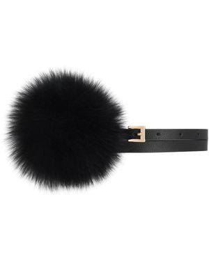 Kazar Schmaler Ledergürtel Mit Pelzpompon - Schwarz