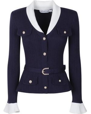 Self-Portrait Truien & Vesten ,Blauw ,Wol Ribbed Knit Cardigan