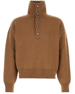 Ami Paris Trui Met Hoge Knoopkraag Van Wol - Bruin