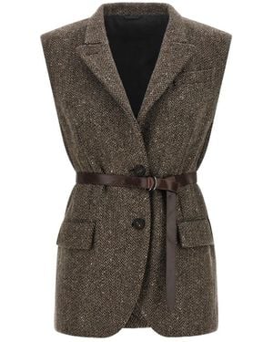Brunello Cucinelli Gilet Met Visgraatpatroon En Ceintuur - Grijs