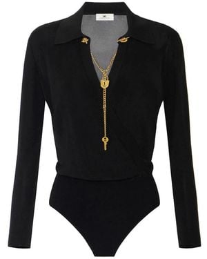 Elisabetta Franchi Viscose Garen Bodysuit Met Juwelenketting - Zwart