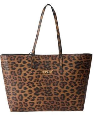 Replay Tassen ,Bruin ,Polyester Omkeerbare Tas Met Dierenprint En Clutch