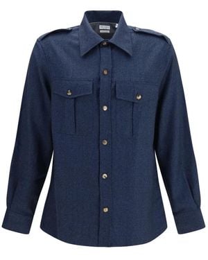Brunello Cucinelli Overhemden ,Blauw ,Wol Wollen Overhemd Met Opgestikte Zakken