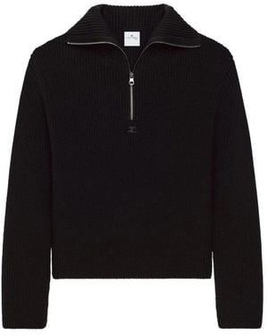 Courreges Schwarzer Rippstrick-Halb-Zip-Pullover