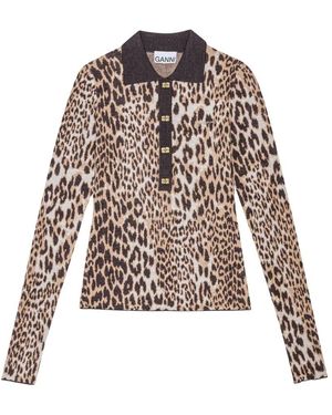 Ganni Leopard jacquard polo shirt - Braun