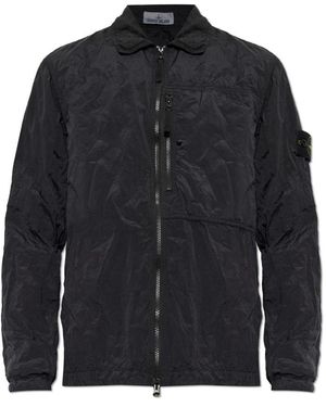 Stone Island Jassen ,Zwart ,Leer Jas Met Logopatch