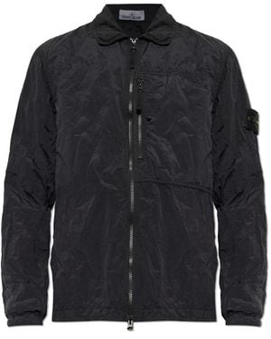 Stone Island Jassen ,Zwart ,Leer Jas Met Logopatch