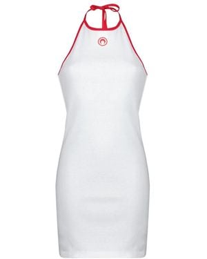 Marine Serre Moon Logo Geripptes Jersey Neckholder Minikleid - Weiß