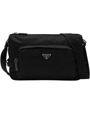 Prada Grote Re-Nylon En Saffiano Lederen Schoudertas - Zwart