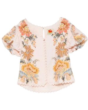 FARM Rio Overhemden ,Roze ,Katoen Bloemenprint Blouse Met Uitsnijdingen En Festonrand