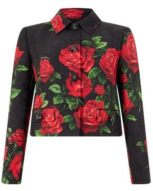 Dolce & Gabbana Jassen ,Veelkleurig ,Katoen Rose-Print Brocade Jacket With Jewel Buttons - Rood