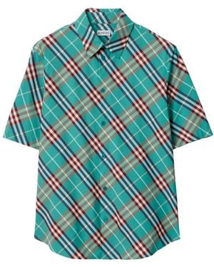 Burberry Overhemden ,Blauw ,Katoen Check Katoenen Korte Mouw Shirt