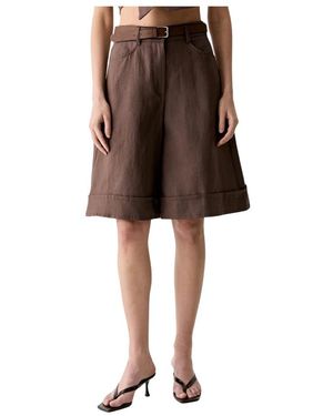 ViCOLO Korte Broeken ,Bruin ,Linnen Shorts Met Omslag En Ceintuur