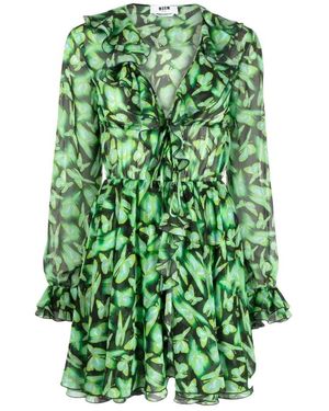 MSGM Plunging V-Neck Ruffle Short Dress - Groen